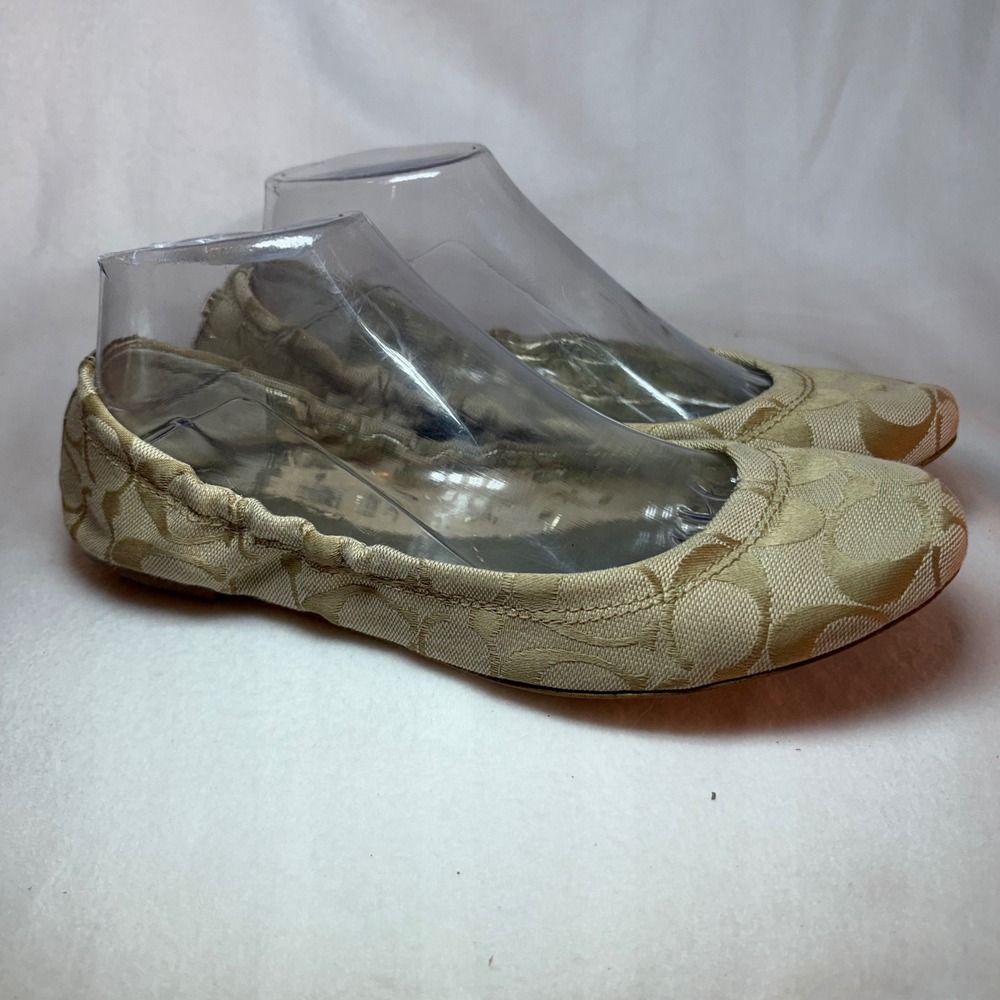 Coach Signature Monogram Canvas Ballet Flats Gold Beige Scrunch Shoes Size 8B
